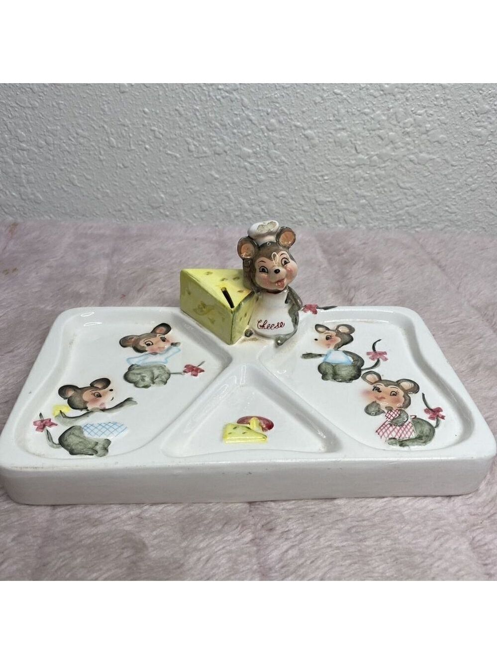 Lefton 1862 Mouse Cheese Divided Serving Tray Vintage Japan